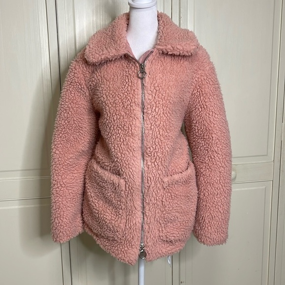 Topshop Women’s Borg Zip Up Teddy Sherpa Jacket Coat Pink Sz 6 Oversized Cuddly - Picture 1 of 12